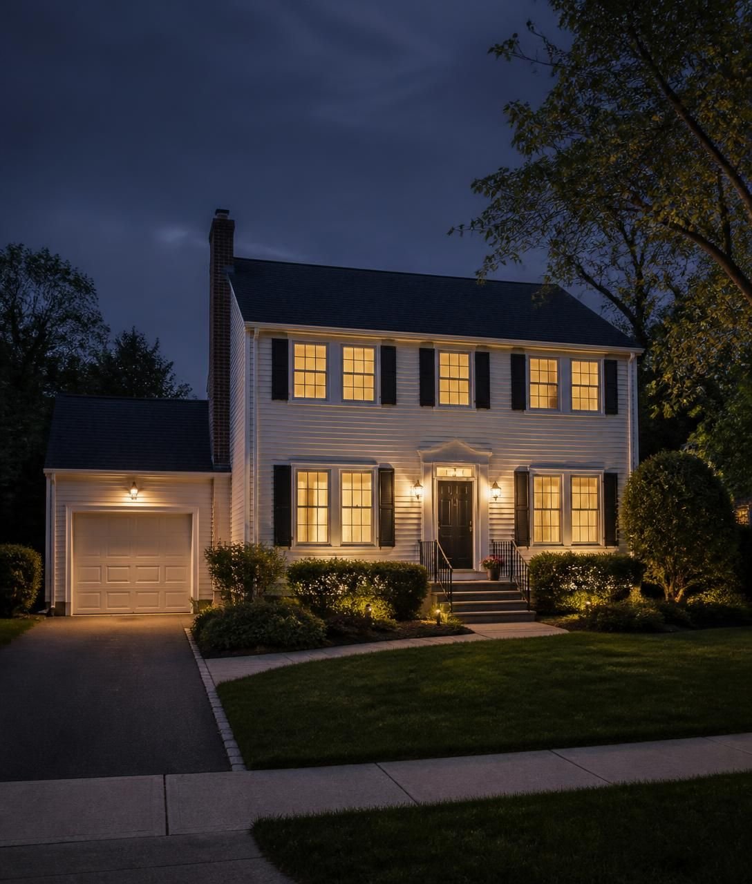 Two-story colonial residential home at dusk with warm interior lighting