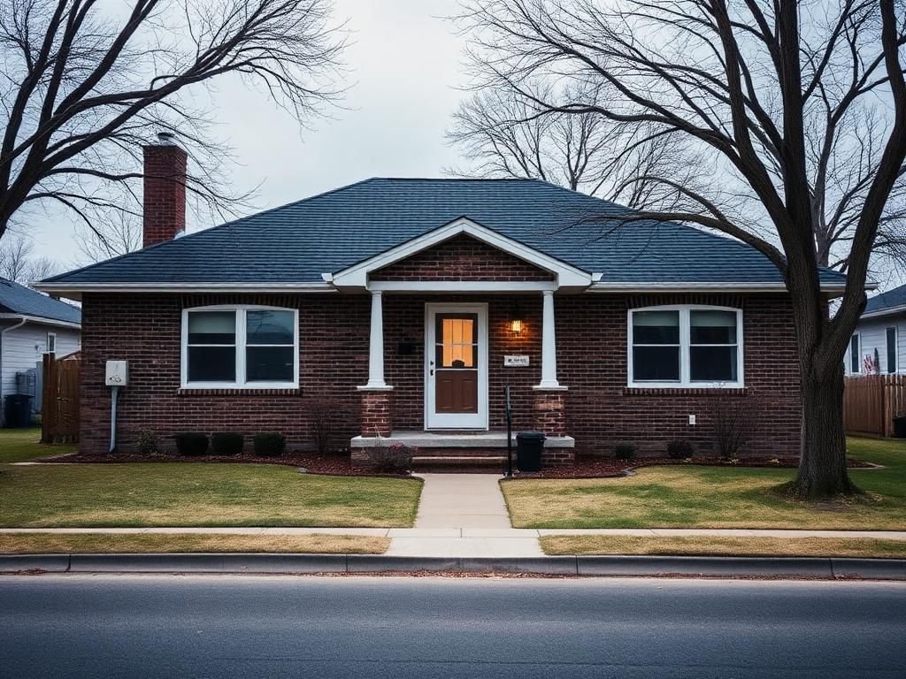 Single-family brick bungalow exterior on an overcast morning