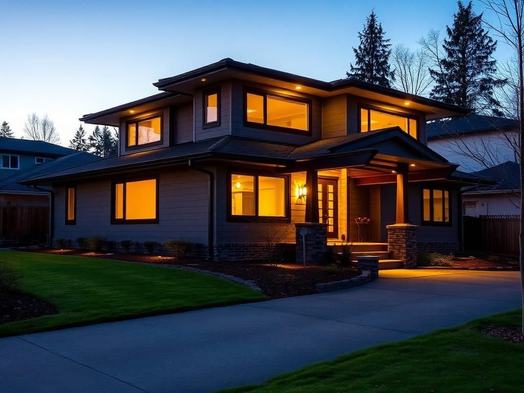 Two-story modern ranch home at dusk with a covered entry